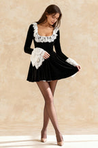 Sexy Square Neck Lace Trim Flared Sleeve Mini Dress