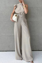 Fashionable One-shoulder Ruffled Top and Casual Simple Straight-leg Suit Pants Set