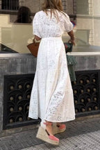 Openwork Embroidered V-Neck Knot-Detail Waist-Defining Maxi Dress