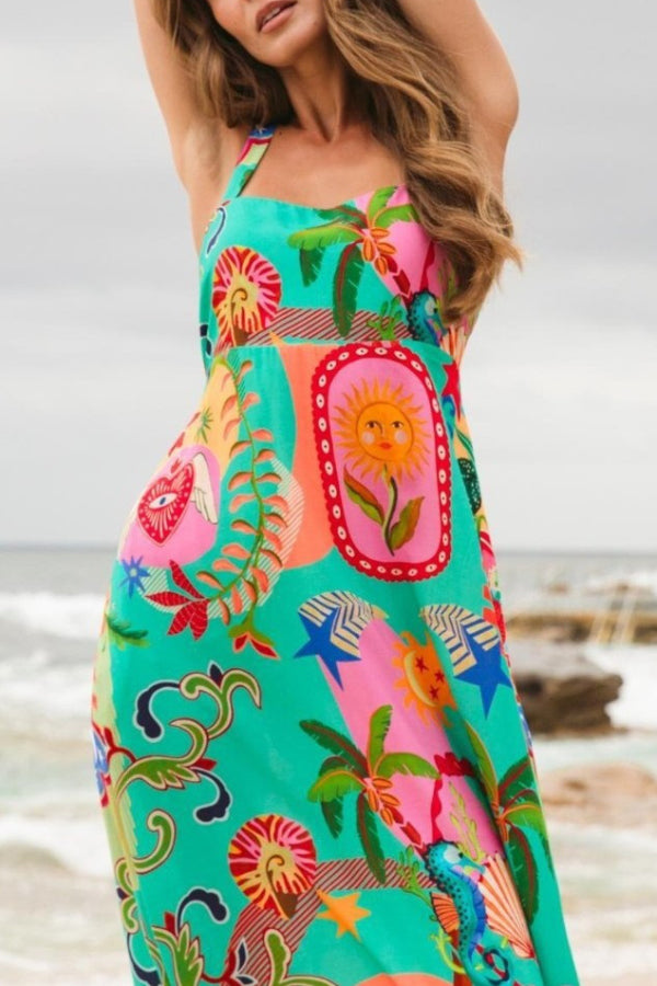Unique Print Square Neck Spaghetti Strap Back Pleated Casual Maxi Dress