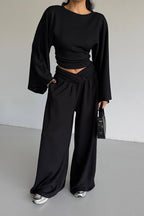 Casual Cinched Waist Flared Sleeve Top Palazzo Pants Set