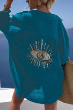 Summer Breeze Linen Blend Sequin Magic Eye Desig Oversized Relax Shirt