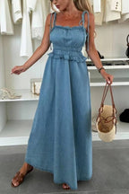 Denim Smocked-Waist Tiered Maxi Dress