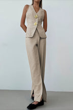 Breathable Linen Style Vest Wide Leg Pants Set
