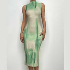 Tie dye sleeveless contrast crewneck midi dress