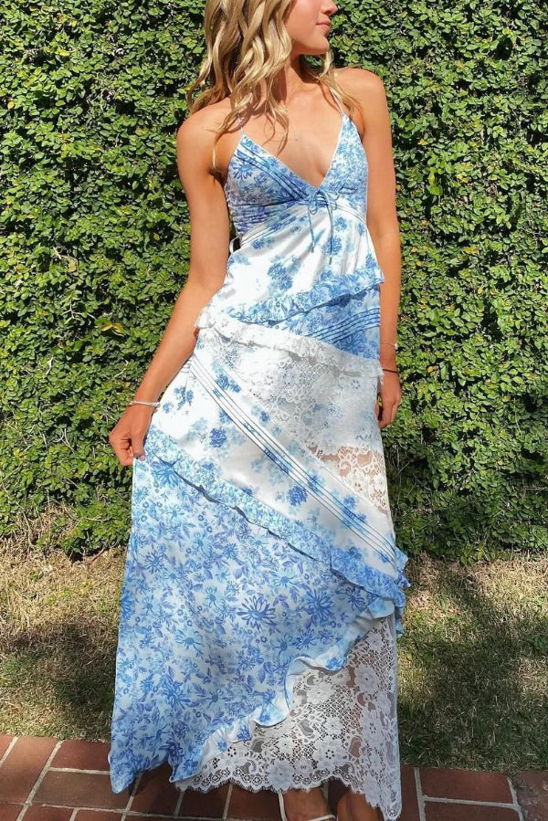 Fashionable Floral Print Lace Patchwork Hollow-out Slim Fit Vacation Ruffle Maxi Dress