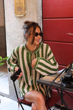 Green White Striped Tie Front Sweater