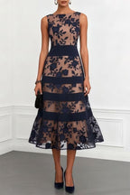 Rosmie Flower Mesh Lace Colorblock Boat Neck Sleeveless A-Line Midi Dress