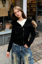 FleeceLined Hooded FurCollar Zip Short Jacket