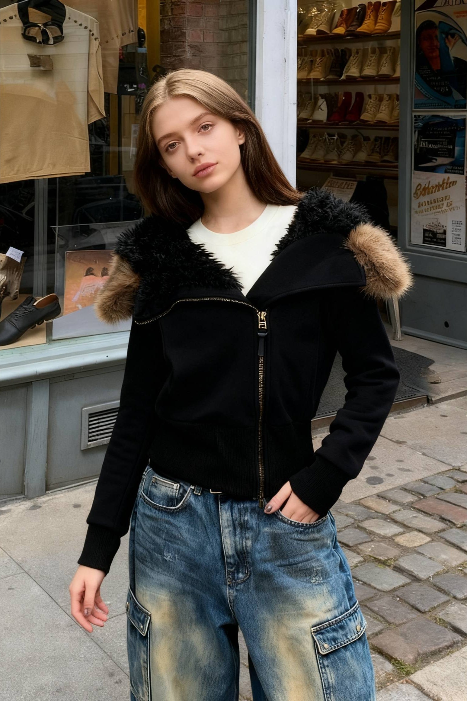 FleeceLined Hooded FurCollar Zip Short Jacket