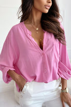 V Neck Button Roll Sleeve Patch Pocket Loose Straight Long Sleeve Shirt