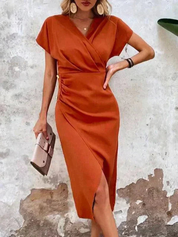 Patricia Statement Orange Midi Dress with V Neck and Slit Elevated Occasion Wear