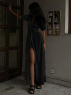 Bubble Sleeves Frenchy Button Split Long Dress