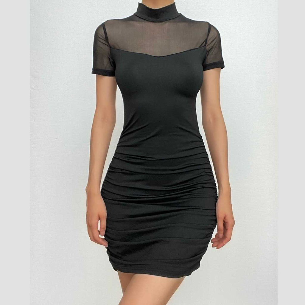 High neck short sleeve mesh patchwork ruched solid mini dress