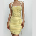 Ruched lace hem self tie square neck backless mini dress