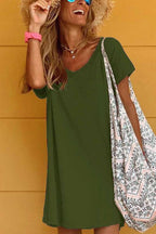 Florcoo Loose Solid Color Short Sleeve V-Neck Mini Dress