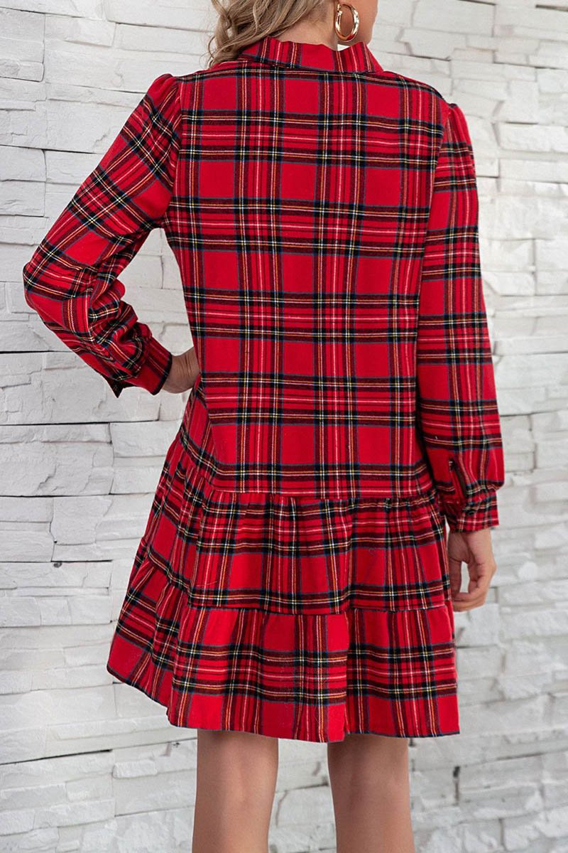 Florcoo Plaid Shirt Long Sleeve Single Dress