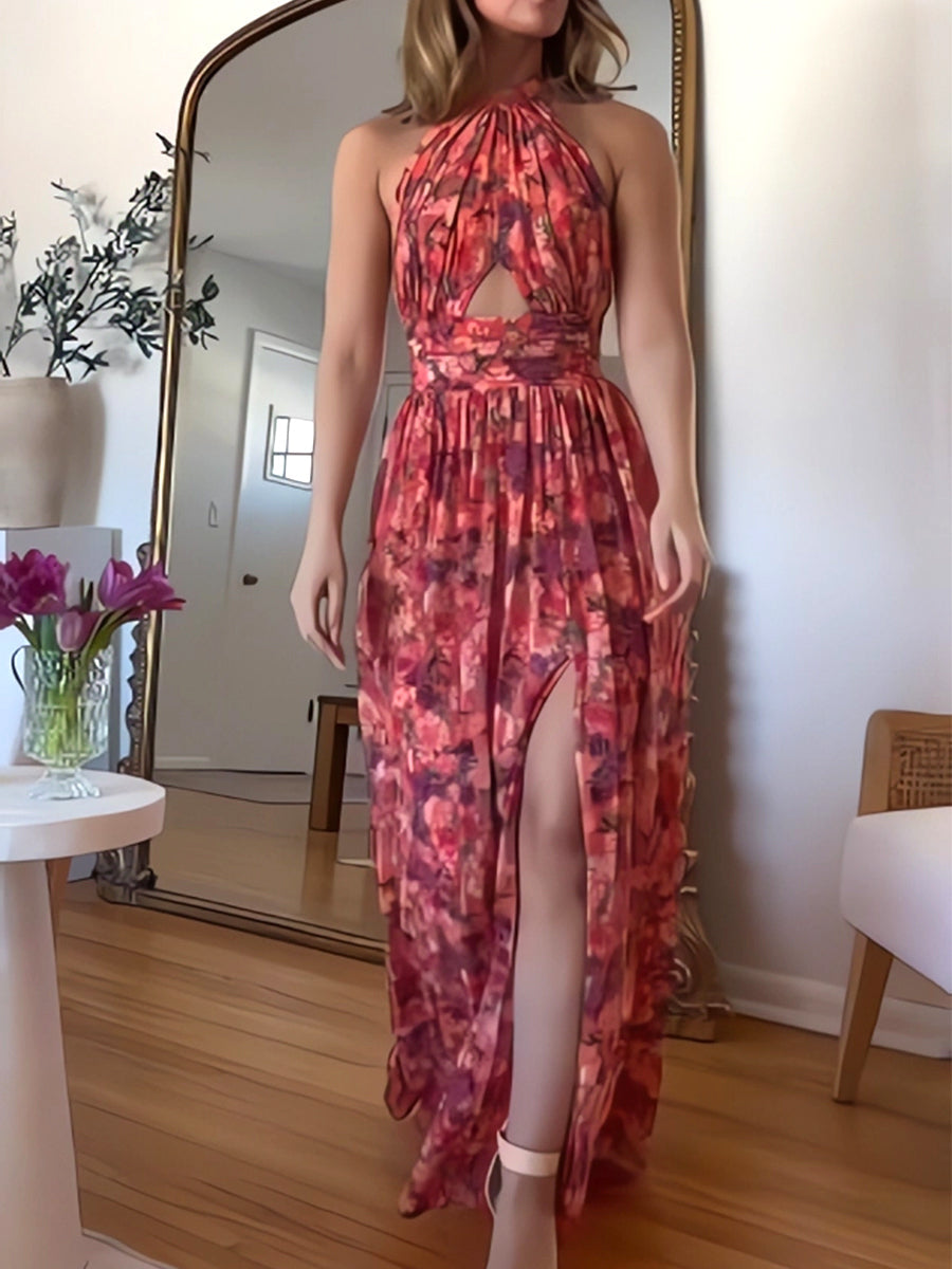 Cross Neck Lace Pleated Dress