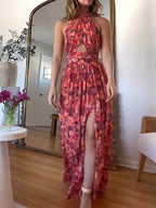 Cross Neck Lace Pleated Dress