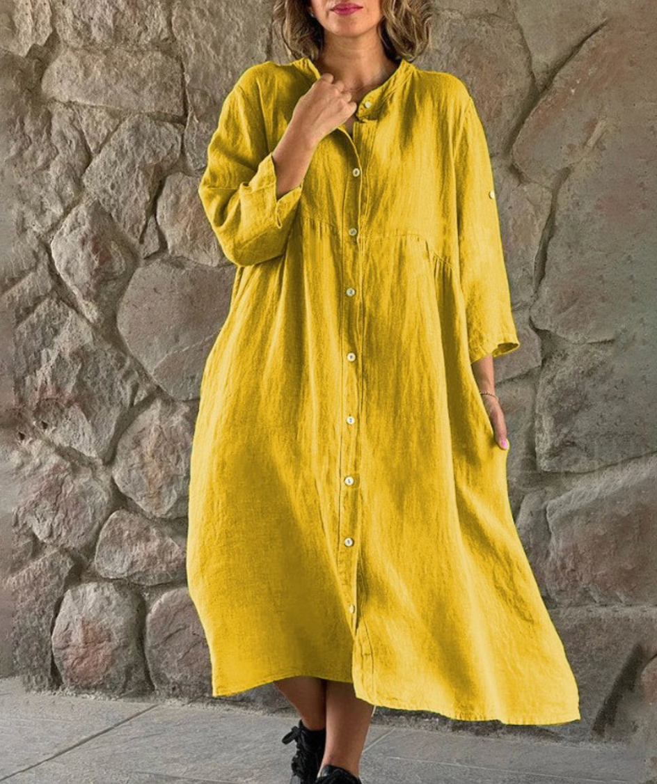 Grecia Chic Casual Long Dress with Button Elevated Occasion Wear