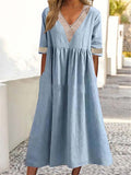 Relaxed V-Neck Chambray Side Pocket Midi Dress