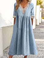 Relaxed V-Neck Chambray Side Pocket Midi Dress
