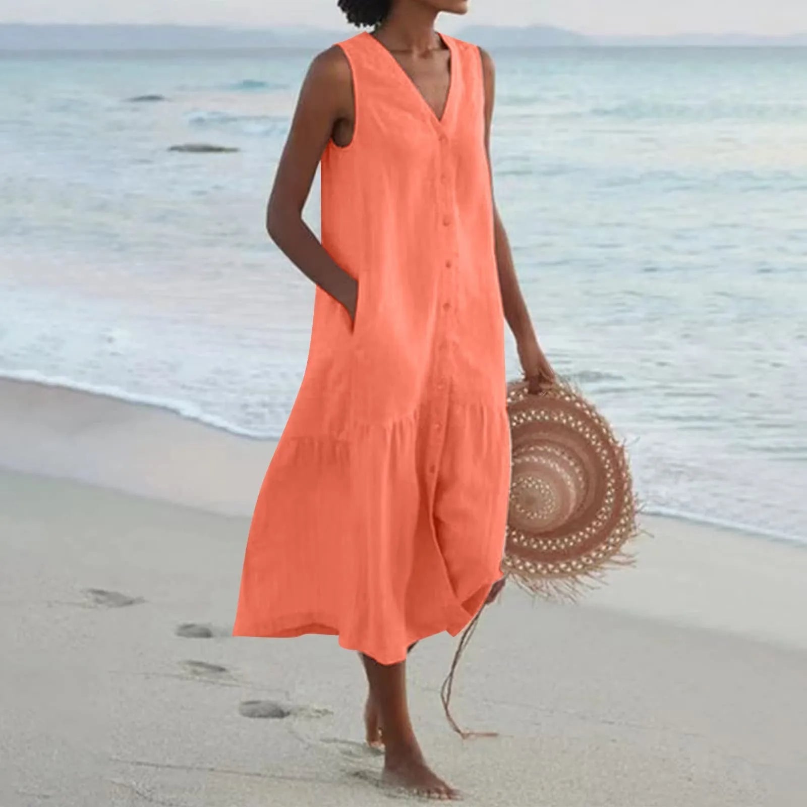 Emilia Exclusive Linen Dress with V Neck Designer Edit