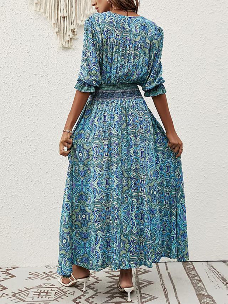 Fresh Print Maxi Dress-Blue