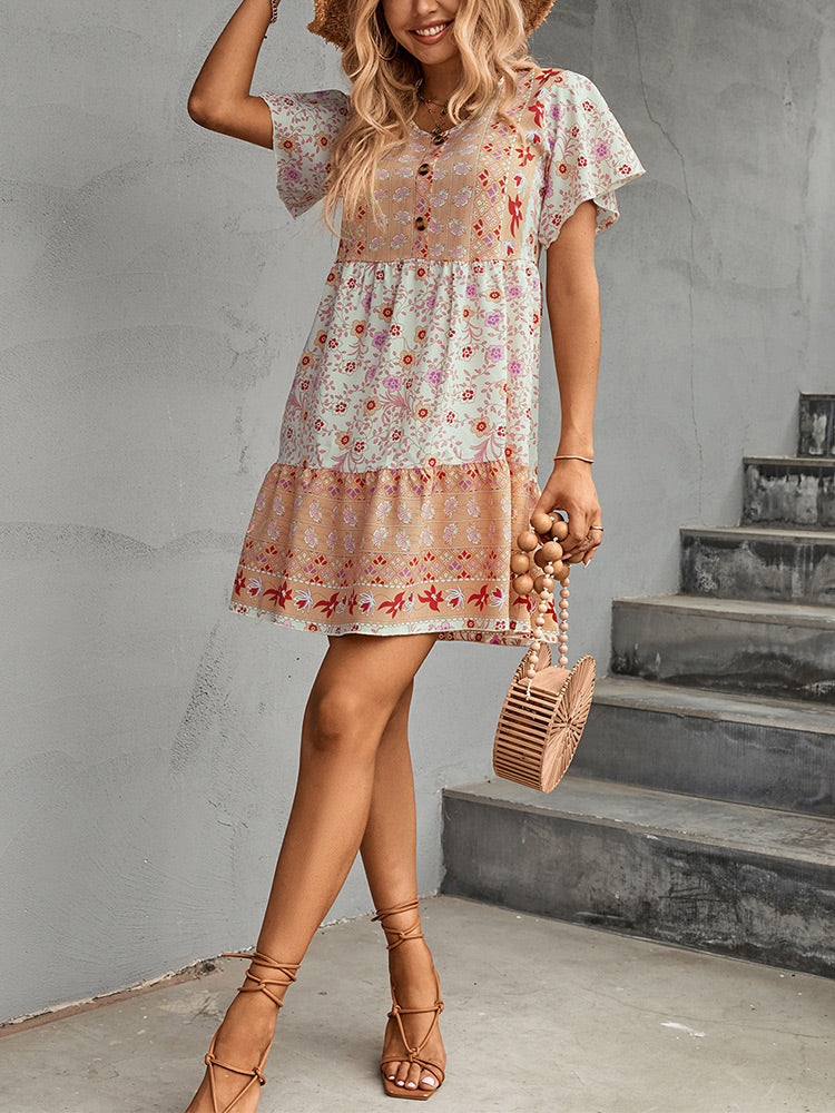 Button V-Neck Flower Short Dress