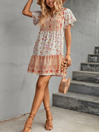 Button V-Neck Flower Short Dress