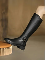 Knee High Boots With Belt Buckle Chunky Heel Black Matte