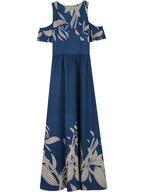 Cobalt Blue Cold Shoulder Pleated V-Neck Summer Maxi Dress