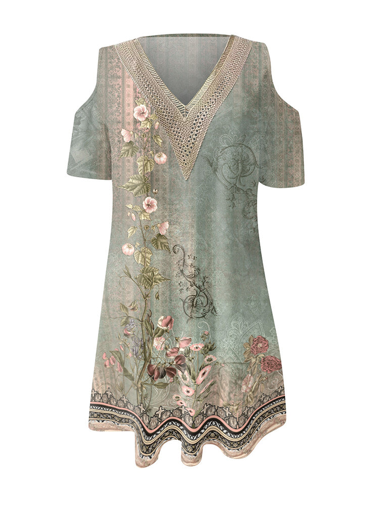 Basic Short Sleeve Green Print Mini Dress
