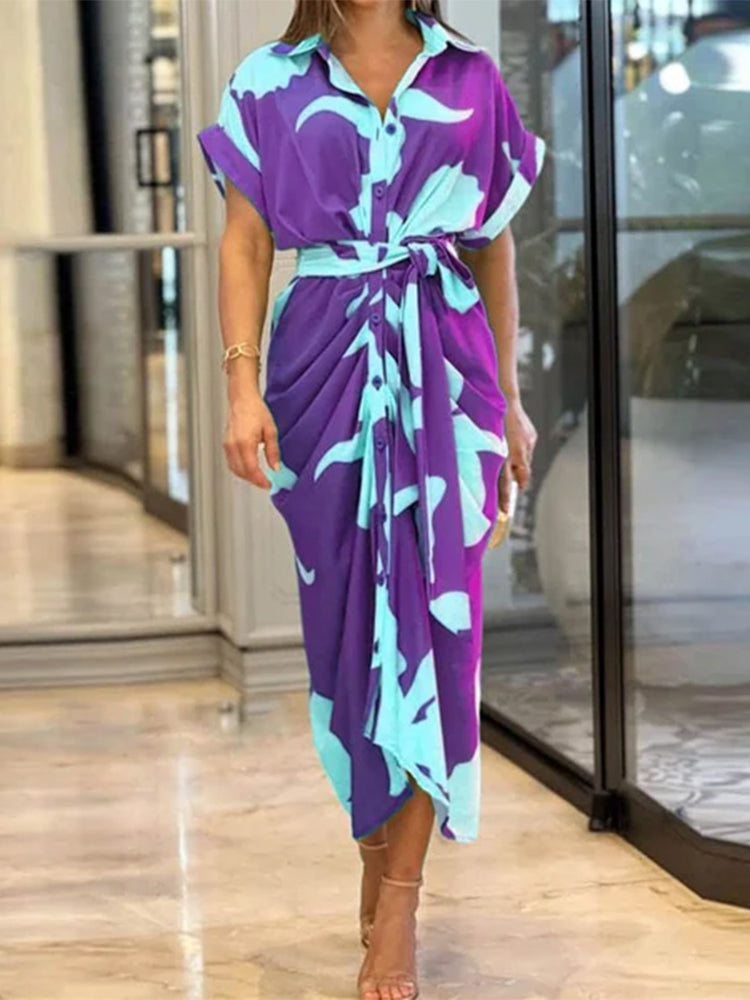 Casual Lapel Neck Waist Print Shirt Dress