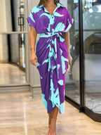 Casual Lapel Neck Waist Print Shirt Dress