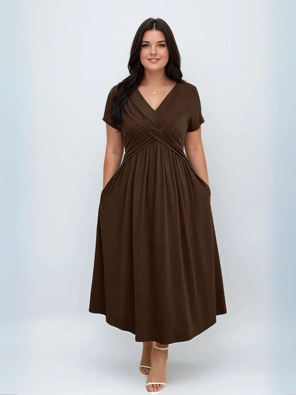 Plus Size V Neck Sundress With Pockets Cinched Waist