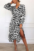 Lucia Minimalist V Neck Midi Dress with Leopard Print Waistband Elevated Occasion Wear
