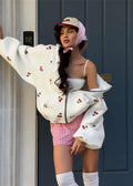 Cherry Mood - Oversized Zip-Up Hoodie with Puff Sleeves