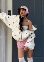 Cherry Mood - Oversized Zip-Up Hoodie with Puff Sleeves