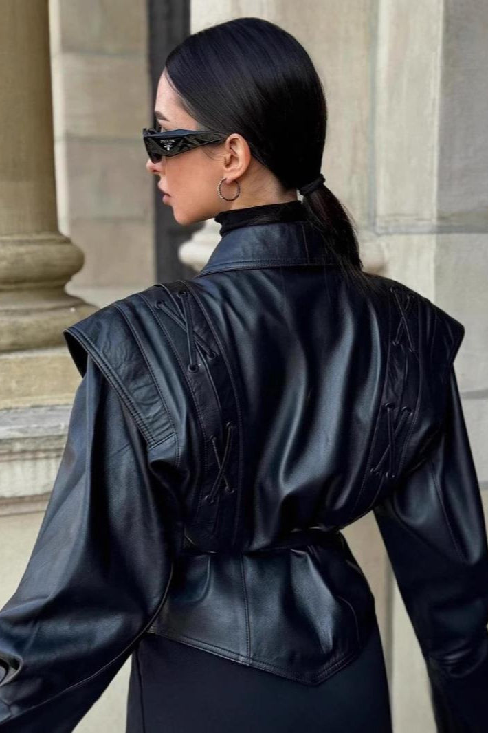 Vintage Belted PU Leather Jacket