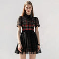 Daily Lace Organza Spliced Plaid Short Sleeve ALine Sexy Casual Gothic Dress