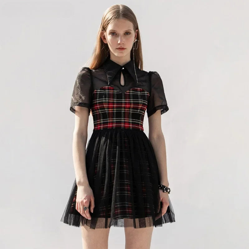 Daily Lace Organza Spliced Plaid Short Sleeve ALine Sexy Casual Gothic Dress