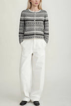 Vintage Jacquard Crew Neck Button Knit Cardigan