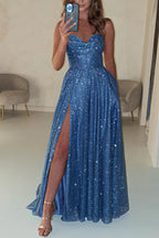 Cinderella Glitter Tulle Fabric Cowl Neck Back Lace-up Pocketed Slit Maxi Dress