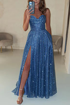 Cinderella Glitter Tulle Fabric Cowl Neck Back Lace-up Pocketed Slit Maxi Dress