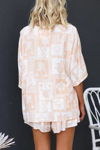Viva La Travel Unique Print Loose Button Shirt and Elastic Waist Shorts Set