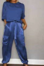 Satin Gloss Drawstring Waist-Defining Wide-Leg Workwear Set