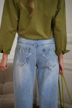 Stylish Denim Colorblock Star Patterned Mid Waist Pocket Wide Leg Jeans