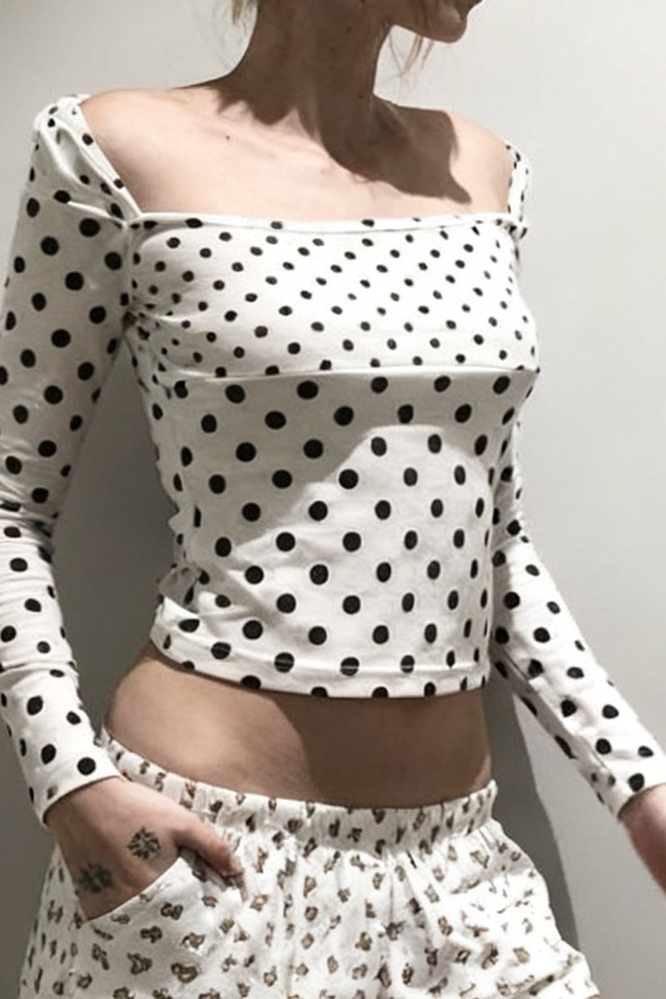 Polka Dot Contrast Trim Square Neck Sexy Crop Top