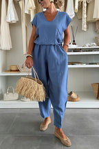 Leva Linen Blend Drawstring Short Sleeve Top and Elastic Waist Pocket Loose Tapered Pants